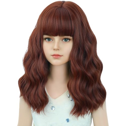 Image of Dark Orange Wig Short Orange Wavy Curly Wigs Wig with Air Bangs Synthetic Cosplay Hair Wigs