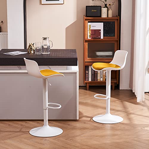 Younike Barstools Set Of 2 White Modern Counter Height Stool With Yellow Velvet Padded Seat, Adjustable Swivel Bar Stools With Back For Bar Counter And Kitchen Island #TOP2