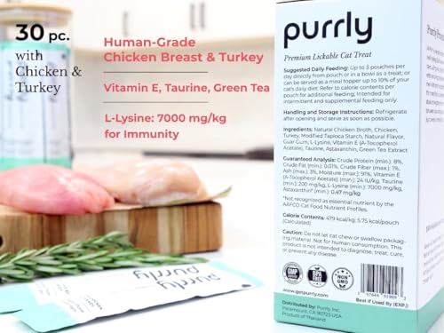 Image of Purrly Interactive Lickable Cat Treats Low Calorie Human-Grade Chicken Breast & Turkey with L-Lysine & Astaxanthin for Immunity (30 Count) Hydrating BPA-Free Grain-Free Non-GMO All Ages Low-Phosphorus