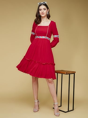 Image of Life with Pockets Women's Square Neck Bishop Sleeves Viscose Rayon Solid Gathered Midi Dress
