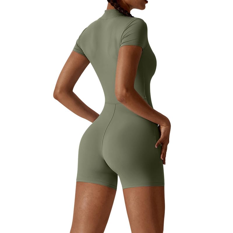 Litthing Mono Deportivo Mujer Corto Ropa Deportiva con Cremallera Elásticos Mangas Cortas Jumpsuit Sexy Ajustado Bodysuit Una Pieza Push Up Fitness Body Overol