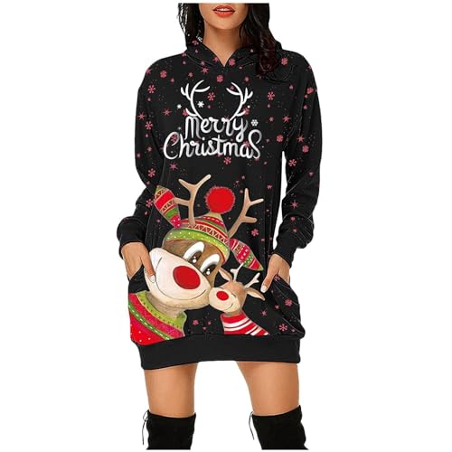 Guhmomh Weihnachtskleid Damen Vintage Sweatkleid mit Kapuze Retro Minikleid Weihnachten Kleider Christmas Kostüm Festliche Kleid Langarm für Frauen...