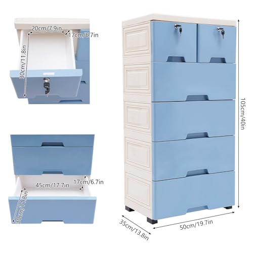 Cajonera de 6 cajones apilable vertical con ruedas y cerraduras, mueble de plástico para pasillo, entrada, muebles para el hogar (azul) - imagen 3