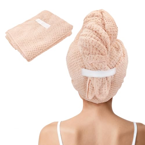 fistmta Large Microfiber Hair Towel for Women, Super Soft Absorbent Quick Dry Hair Towels Wrap with Elastic Band, Hair Drying Towels Anti Frizz Hair for Curly Long Wet Hair Care 24''x40'' (Pink)