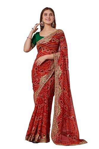 Image of Women's Georgette Bandhani Printed Embroidery Saree with Unstitched Blouse Piece