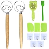 Danish Dough Whisk Bread Mixer 2 Pack Stainless Steel Batter Whisks Wooden Flour Mixer Baking Tool Whisk Pastry Pizza Dough 3 pc dough cutter 1 pc Silicone Brush 1pc Egg yolk separator 5 hooks