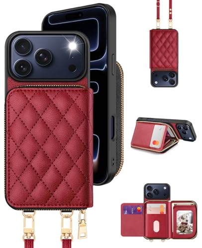 Étui iPhone 17 Pro avec bandoulière détachable coque portefeuille cuir rouge