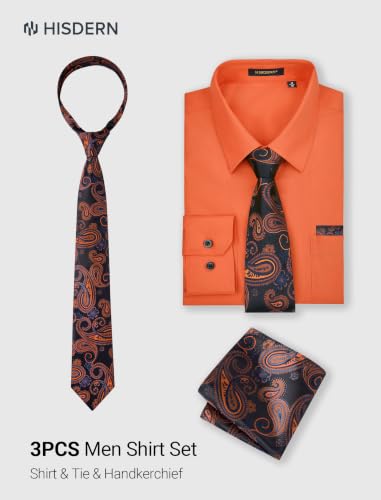 Image of HISDERN Mens Dress Shirt with Tie Pocket Square Set Classic Button Down Shirt Matching Tie Long Sleeve Shirts