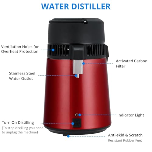 4L Stainless Steel Water Distiller, 1.1 Gallon Countertop Water Purifier Reduces TDS, Distilled Water Machine with Glass Container, Distilled Water Maker for Home, Office, Lab, Aquarium(Red) - Thumbnail 4