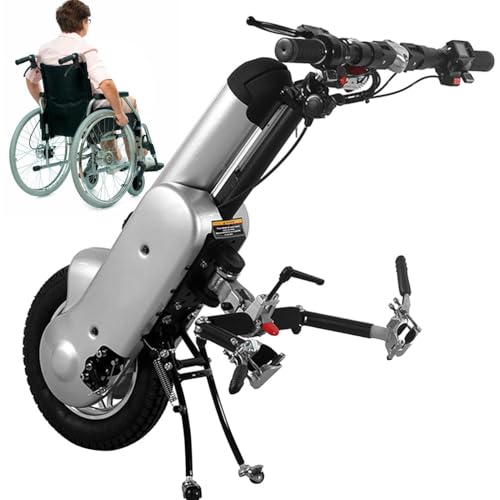 12インチホイール車椅子電動ドライブヘッド、400W車椅子牽引装置、36V/15AHバッテリー+フロントライト+3段階スピード調節可能、ハンドサイクル車椅子アタッチメント middle-silver