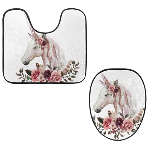 VAPOKF 2 Pieces Pedestal Bathroom Rugs Set, U-Shaped Contour Mat and Toilet Lid Cover, Soft Non-Slip Flannel Bathroom Mat Toilet Seat Cover - Unicorn with Flowers Feathers