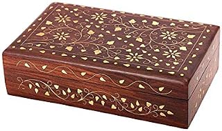 Ajuny Wooden Decorative Jewelry Storage Keepsake Box Organiser with Mughal Inspired Brass Inlay 8x5 Inch