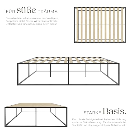 tectake® Bett 140x200 cm, Metall Bett mit Lattenrost, Bettrahmen mit Stauraum, großes Bettgestell ohne Kopfteil, als Ehebett, Einzelbett, Jugendbett, Gästebett, für Schlafzimmer - 140 x 200 x 46,5 cm – Bild 6