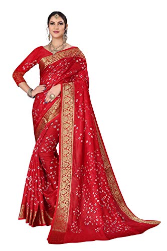Divine International Trading Co Women's Art Silk Bandhani Sarees with Blouse Piece (GoldenBorder-Red)