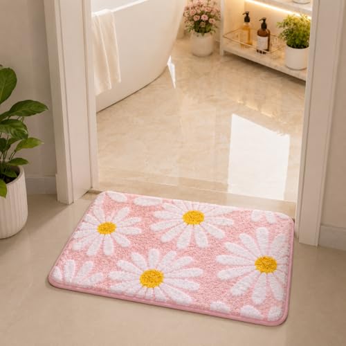 Image of Cotton Floral Door Mat | Water Absorbent, Anti-Skid, Machine Washable Floor Mat | Soft Microfiber Carpet for Home, Living Room & Bedroom | Premium Decorative Mat (Pink, Rectangular)