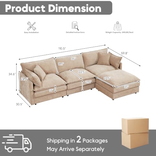 Image of 110.5 inch L Shaped Modular Sectional Sofa, Comfy Upholstery Chenille Cloud Couch with Ottoman, Modern 4-Seat Deep Seat Sofa with Pillow for Living Room, Bedroom, Apartment, Coffee Brown