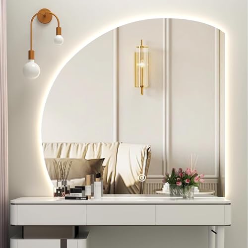 Espejo de baño semicircular con luz LED de 40 pulgadas con diseño antivaho sin marco, espejo de maquillaje regulable, 3 temperaturas de color para una perfecta reflexión