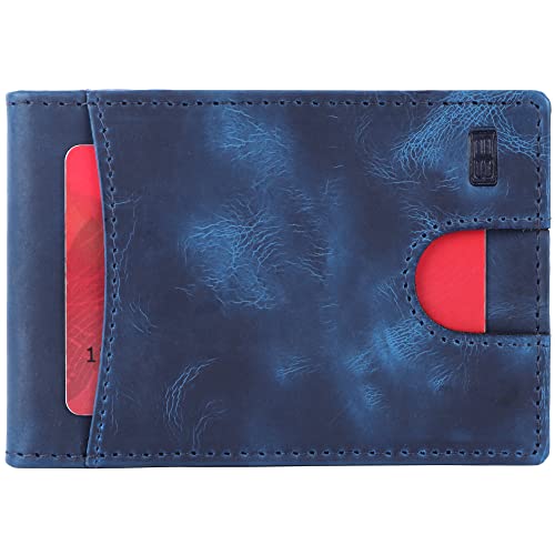 Image of Brooklyn Bridge Genuine Leather Money Clip Wallet for Men Crazy Horse Blue - Premium Slim RFID Protected Wallet with Cash Clip & Multiple Card Slots, Stylish Front Pocket Design, Gift for Men