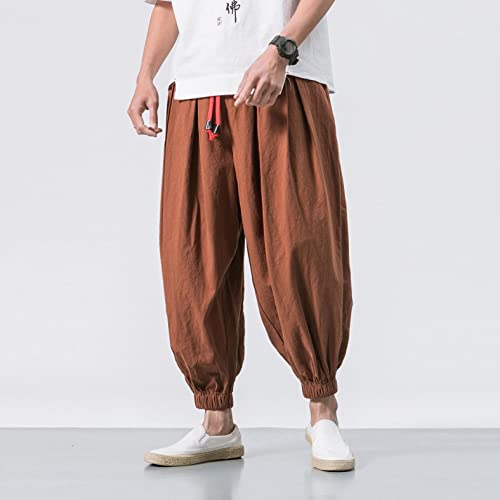 Realdo Men Baggy Hippie Boho Yoga Harem Pants Cotton Linen Loose Stretchy Waist Casual Pockets Ankle Length Pants, Coffee, XXL