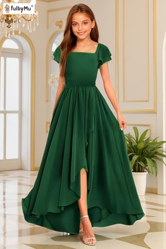 Short Sleeve Junior Bridesmaid Dress with Slit Square Neck Flower Girl Dresses for Wedding Long Formal Party Jr Dress3