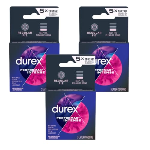 Durex Performax Intense Condoms, Ultra Fine, Ribbed, Dotted with Delay Lubricant Natural Rubber Latex Condoms for Men, FSA & HSA Eligible, 3 Count (Pack of 3)