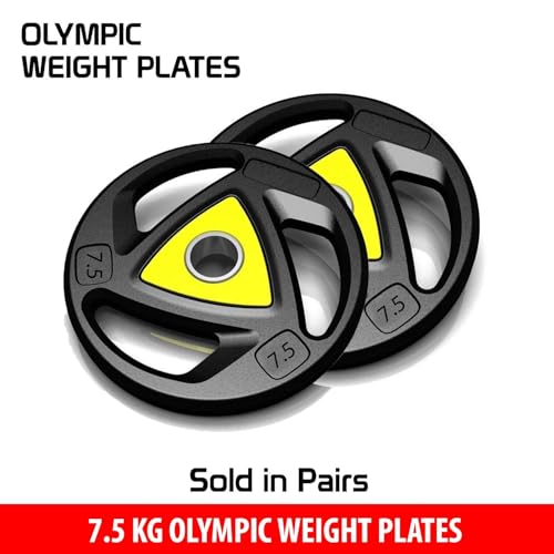 Image of Olympic weight plates Barbell /Rod Rubber Plates Barbell plates Gym weights (7.5 KG Pack of 2), 3 Holes Hand Grip Cast iron weight plates Rubber coated plates with 50mm Internal Dia (7.5KG Pack of 2)