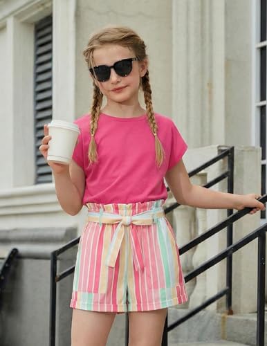 Image of Arshiner Girls 2 Piece Outfit Summer Drop Shoulder Batwing Sleeve Tops and Paperbag Waist Shorts Set Cute Clothing Size 6-14