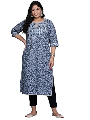 Image of Plus Size Yoke Design Cotton Straight Kurta