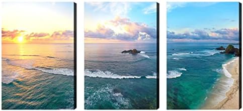 Looife Seascape Canvas Wall Art 24x32 Inch 3 Panels Colorful Beach with Sunset Ocean Picture Giclee Prints Gallery Wrapped Ready to Hang Artwork for Living Room Bedroom Decoration
