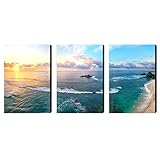 Looife Seascape Canvas Wall Art 24x32 Inch 3 Panels Colorful Beach with Sunset Ocean Picture Giclee