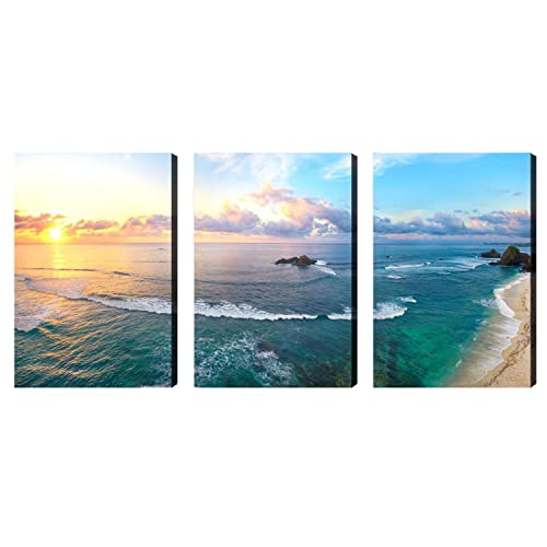 Looife Seascape Canvas Wall Art 24X32 Inch 3 Panels Colorful Beach With Sunset Ocean Picture Giclee Prints Gallery Wrapped Ready To Hang Artwork For Living Room Bedroom Decoration #TOP16