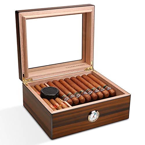 CIGARLOONG Cigar Humidor Brown 35-56 Cigars Desktop Cedar Wood Lined Cigar Storage Box with Hygrometer and Humidifier (Middle)