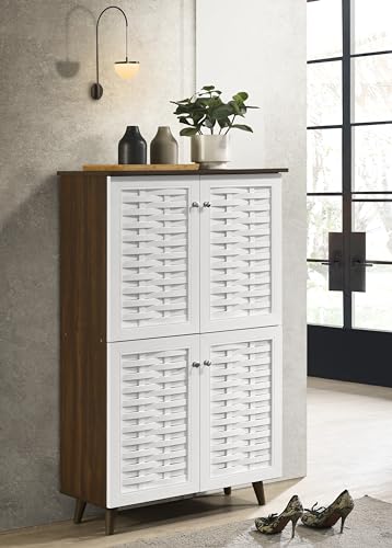 Image of DeckUp Plank Bei 4-Door Engineered Wood Shoe Rack with Wooden Legs (Walnut and White, Matte Finish)