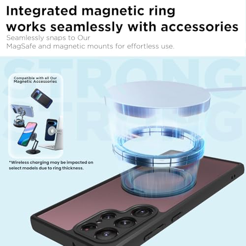 Image of RIGGEAR Shockproof Sleek Hybrid Armor 360 Rotating Magnetic Ring Stand Back Cover Case Compatible with MagSafe Accessories for Samsung Galaxy S22 Ultra (Transprent PC and Black TPU Bumper)