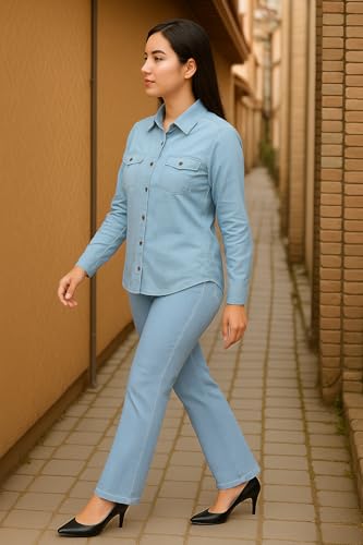 Image of Wingzss Classic Light Blue Denim Button-Down Shirt, Long Sleeve, Casual Style, Front Pockets