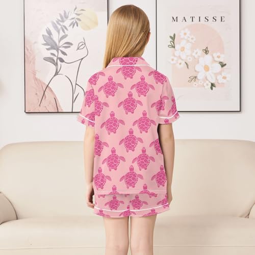 Pink Sea Turtle Summer Satin Pajama Set, Cute Button-Down Sleepwear Pj Set for Sleep Wears4