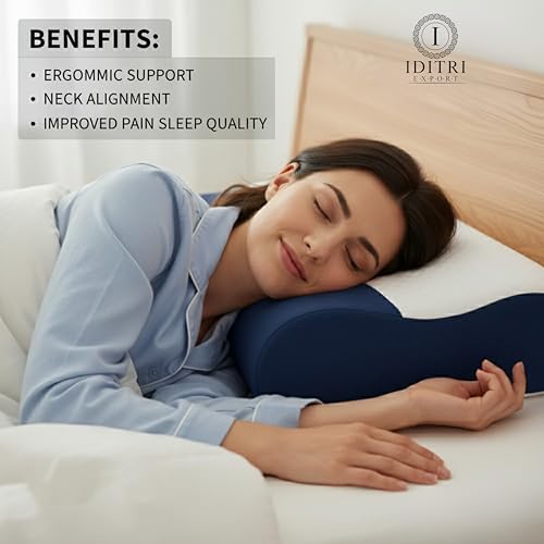 Image of Memory Foam Cervical Pillow Set of 2, 220 GSM Jacquard Cover, Ergonomic Contour Design for Neck Alignment, 48 x 30 cm, Blue and White Dual Tone, Comfortable Sleeping Bed Cushion