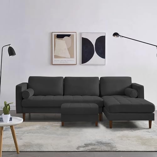Image of Lezra RHS 4 Seater L Shape Sofa Set with Center Table for Living Room (Black Fabric) Premium Fabric Sofa