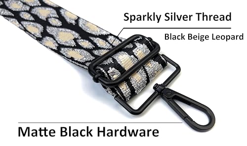 Image of Black Beige Silver Thread Leopard Purse Strap with Matte Black Hardware 2 Inch Wide Replacement Crossbody Guitar Style Shoulder Strap for Handbags Totes