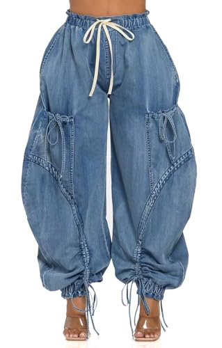 Women's Baggy Cargo Jeans Drawstring High Waist Loose Harem Wide Leg Denim Pants Joggers Sweatpants with Pockets