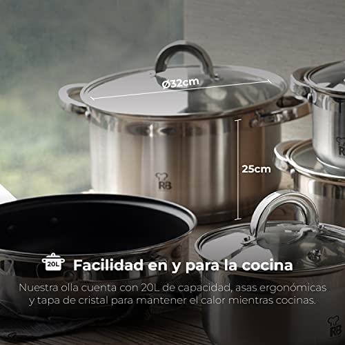 RENBERG-Alexander-Olla-de-Cocina-Olla-Alta-de-32-x-25-cm-y-20-Litros-con-Tapa-de-Cristal-Acero-Inoxidable-Menaje-de-Cocina-Fondo-Encapsulado-de-5-Capas-Para-Todo-Tipo-de-Cocinas