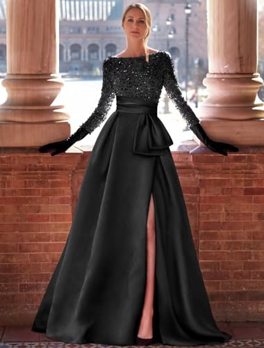 Long Sleeve Formal Dresses for Women 2025 Satin Sequin Ball Gowns A Line Corset Sparkly Evening Dresses with Slit4