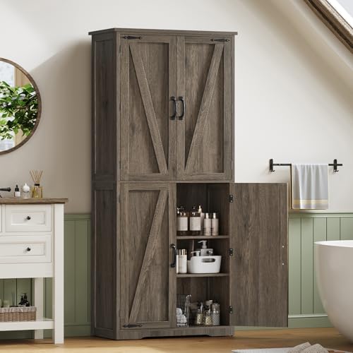 Image of TEENFON Tall Storage Cabinet, Kitchen Pantry Cabinet with 4 Shelves, Adjustable Shelves, Pantry Cabinets with 4 Barn Doors, Tall Kitchen Cabinets for Dining Room, Living Room, Dark Walnut