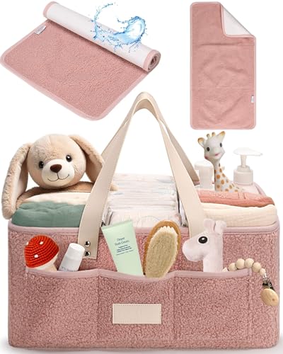Image of Baby Diaper Caddy Organizer with Portable Changing Mat - Teddy Fleece Diaper Organizer for Changing Table - Baby Basket for Diaper Changing Essentials - Baby Caddy Organizer with Removable Dividers