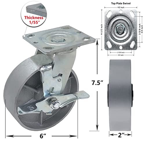 Syration Heavy Duty Caster Steel Cast Iron Wheel, Tool Box And Workbench Swivel Caster 1250Lb Capacity (6 Inch, 1 Brake) #TOP2