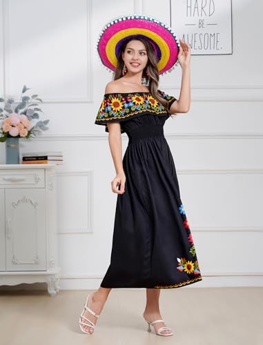 Image of IDOPIP Mexican Dress for Women Off Shoulder Traditional Mexican Fiesta Dress Floral Sunflower Cinco De Mayo Mexican Outfit