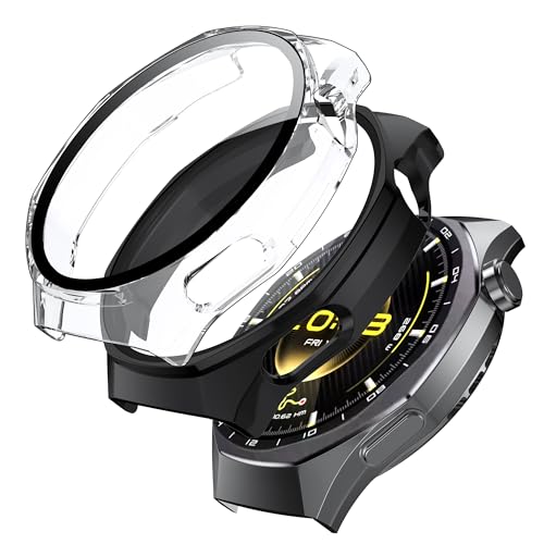 Fitudoos [2 Pezzi Cover per Huawei Watch GT 6 Pro 46MM,custodia rigida in PC con pellicola protettiva in vetro temperato,Anti-Caduta Alta Sensibilità - nero-Trasparente