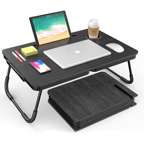 BUYIFY Portable Foldable Laptop Desk for Bed and Couch, Adjustable Lap Desk with Cup Holder and Phone Holder, Ideal for Working, Reading, Writing, and Breakfast (Black) Cover