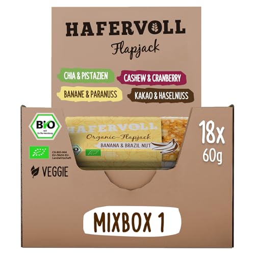 HAFERVOLL Organic Mixbox, 4 Flapjack-Sorten, 18 x 60g Bio-Müsliriegel, Bio-zertifiziert, Cacoa Nib & Hazelnut, Berry & Cashew, Chia & Pistachio, Banana & Brazil Nut