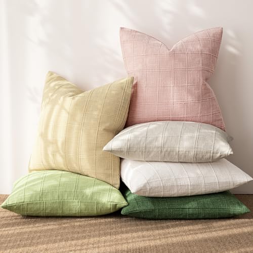 Image of Foindtower Set of 1 Decorative Linen Check Throw Pillow Cover Neutral Farmhouse Lumbar Cushion Cover Modern Coastal Boho Accent Home Decor for Sofa Chair Couch Bed Living Room,12x20 Inch,Light Pink
